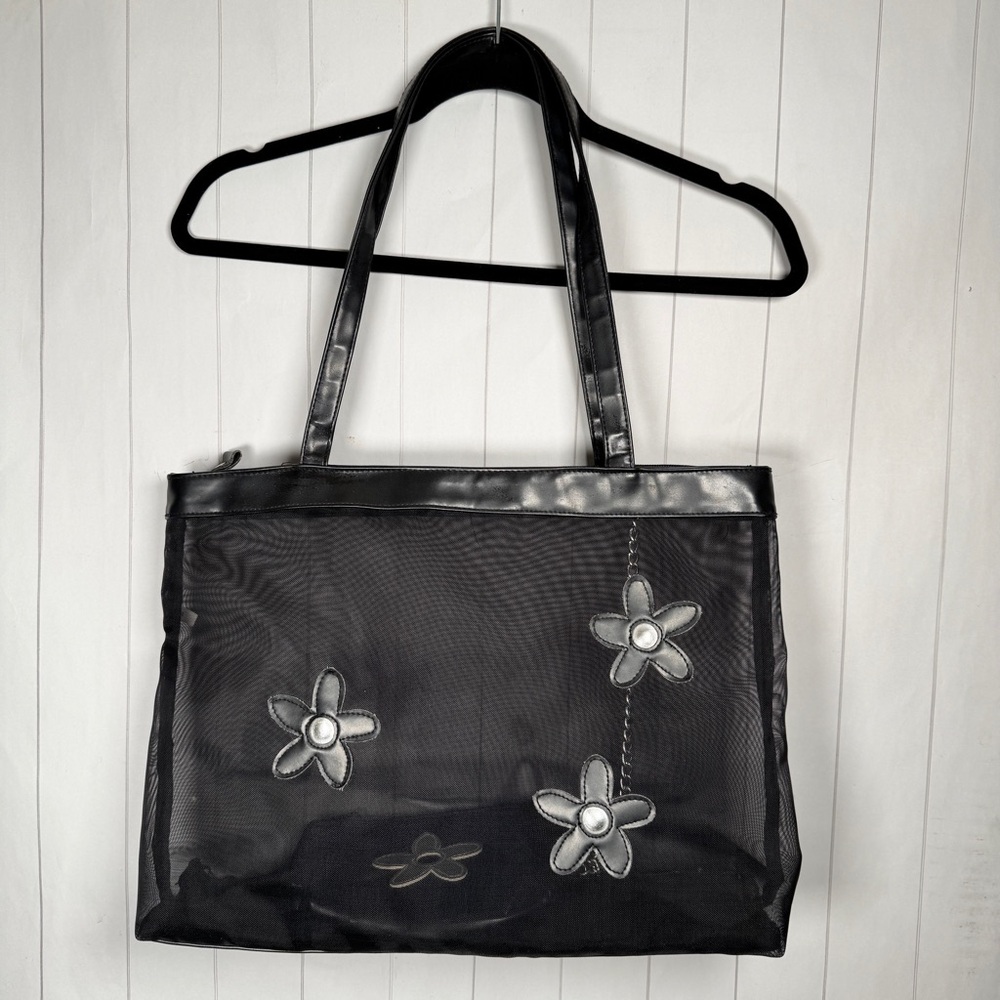 Black Mesh Floral Square Tote Shoulder Bag Y2K Hippie Girly Purse w Chain Wallet